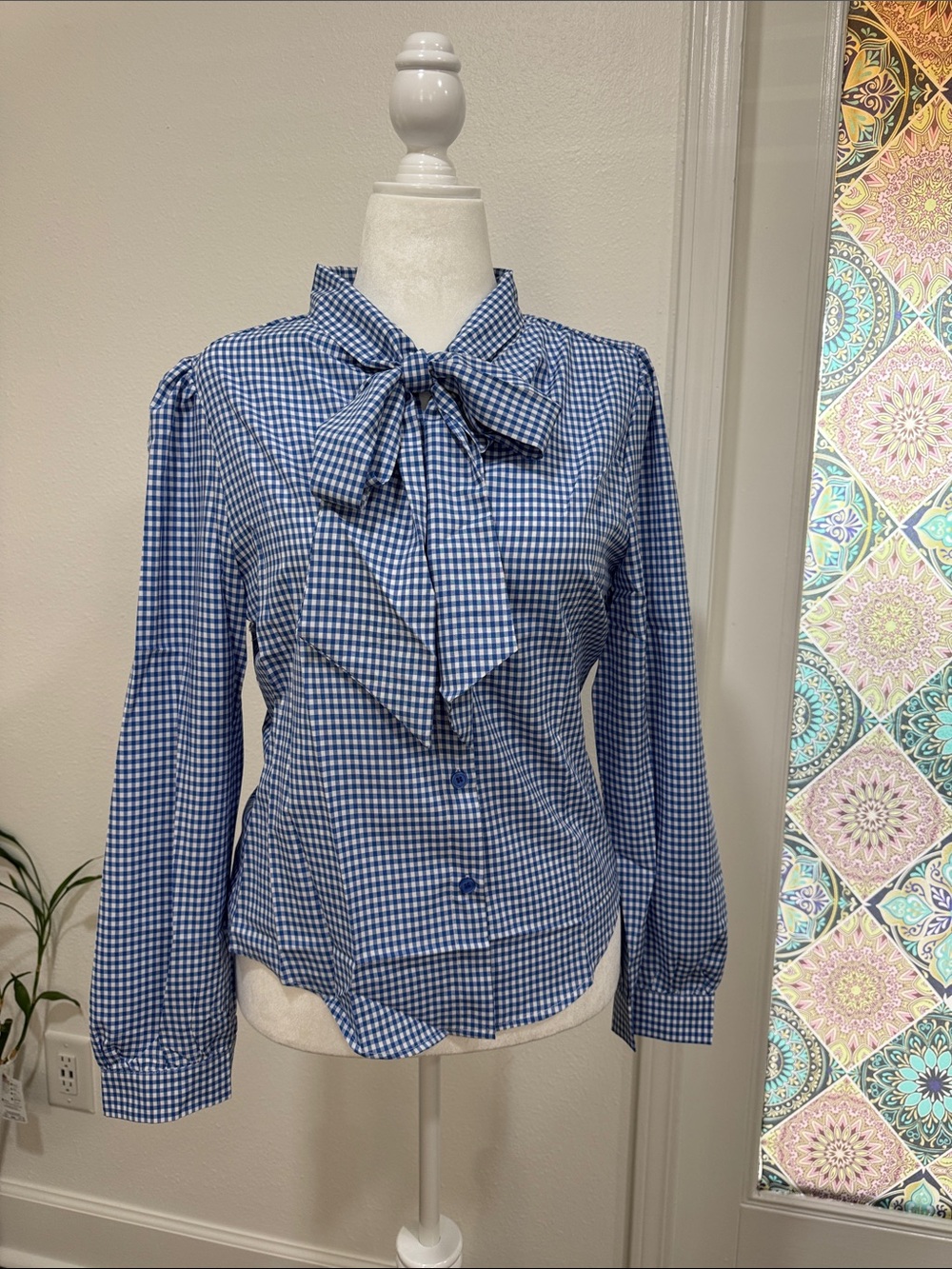 Gingham Tie-Neck Button-Down Blouse in Blue